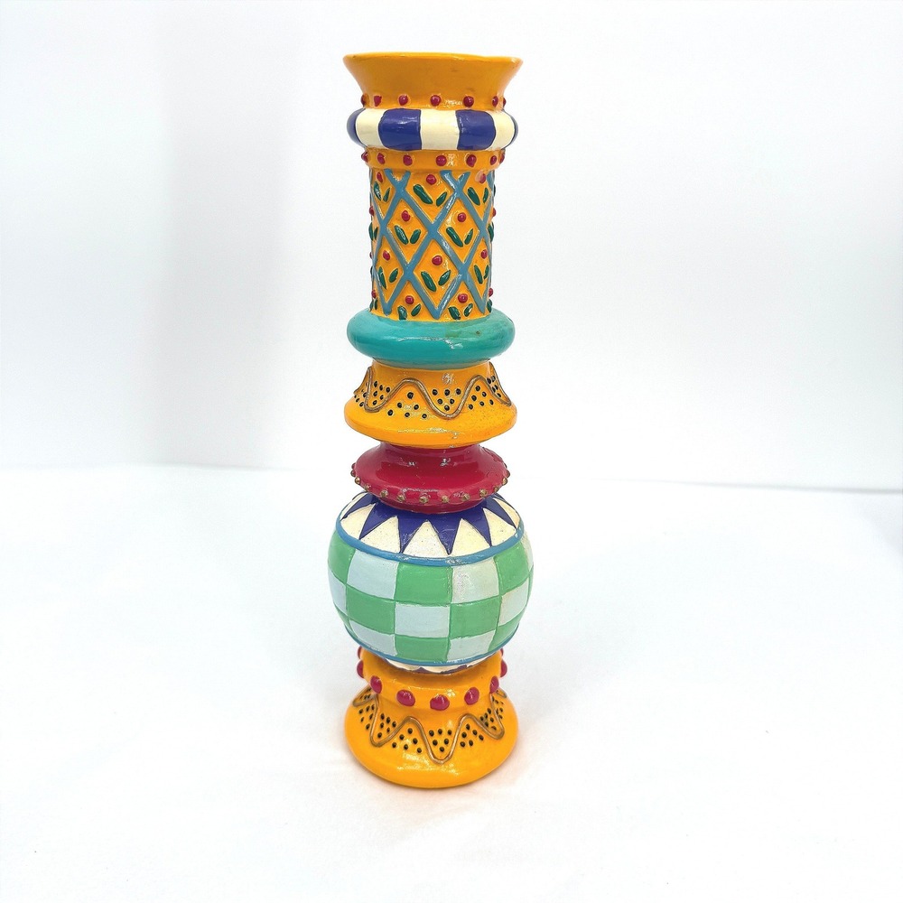 Whimsical Colorful Candlestick Holder Hand Painted Checkered Decor Eclectic